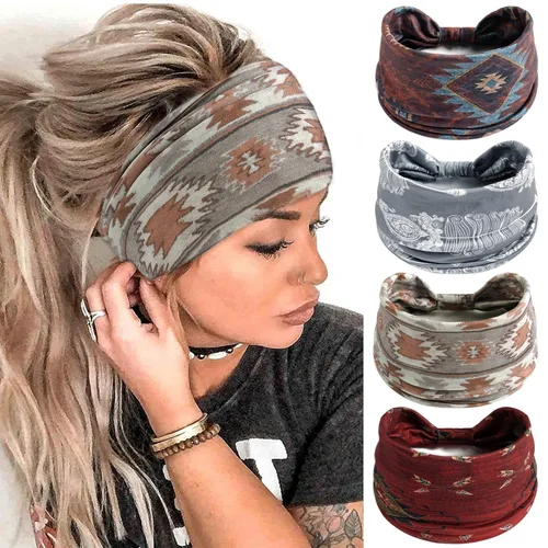 Miniatura 14 de FULZTEY Diademas bohemias para mujer, elegantes diademas con estampado floral, turbante de nudo ancho, elástico, para yoga, correr, entrenamiento