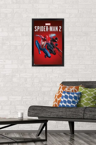 Miniatura 2 de Marvel's Spider-Man 2 - Póster de pared de arte con llave, 22.4 pulgadas de largo x 14.7 pulgadas de ancho, versión enmarcada en negro Versión