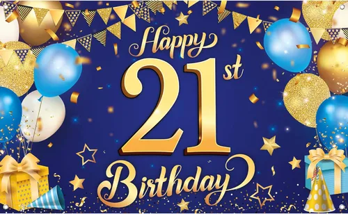 KatchOn, Cartel de feliz cumpleaños número 21 azul y dorado – XL, 72 x 44 pulgadas | Cartel azul y dorado para decoraciones de cumpleaños 21 |