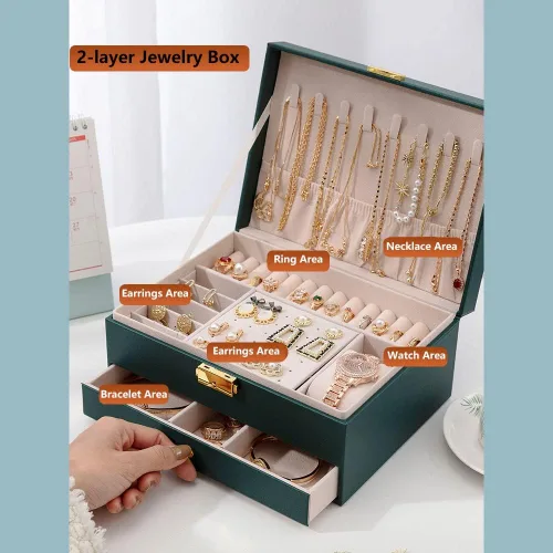 Miniatura 5 de GUOER Joyero para mujer, niña, esposa, grande, de piel sintética, organizador de joyas, con dos capas, para aretes, pulseras, anillos, relojes