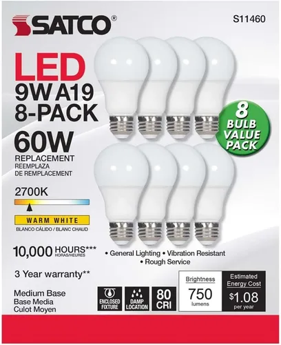 Miniatura 2 de Satco S11460 - Paquete económico de 8 bombillas LED A19 de 9 W, reemplazo de 60 W, blanco, 9 vatios