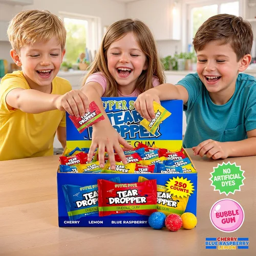 Miniatura 7 de Tear Droppers - Bolas de chicle ácidas, 250 unidades, sin tintes artificiales, envueltas individualmente, cereza, limón y frambuesa azul, caramelos
