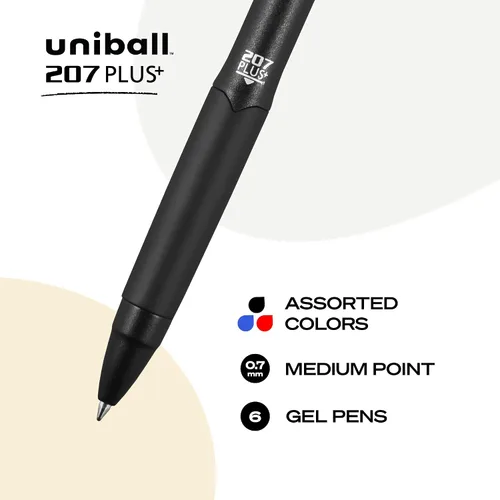 Miniatura 2 de Uniball 207 Plus+ - Bolígrafos de gel retráctiles, paquete de 6 en varios colores con puntas de punta media de 0.028 in, Uni-Super Ink+ es suave