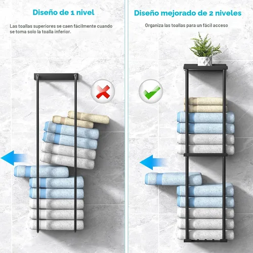 Miniatura 5 de Liuoud Toallero para Baño, Organizador Portador de Almacenamiento de Toallas Enrolladas Vertical Montado en la Pared con Estante, Sostiene Hasta 6