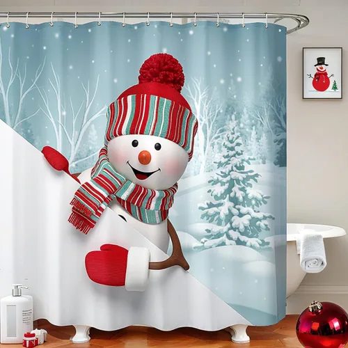 Miniatura 2 de BROSHAN Cortina de ducha de Navidad para niños, 72 x 78 pulgadas, juego de cortina de ducha de Navidad de tela con bonito patrón de muñeco de nieve