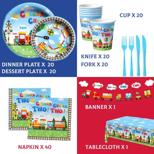 Miniatura 6 de Chuagaa Chugga Two Two 142 Piezas Decoración de Cumpleaños Tren Platos de Papel Juego de Vajilla - Mantel de Transporte Pancarta Tazas para 2do