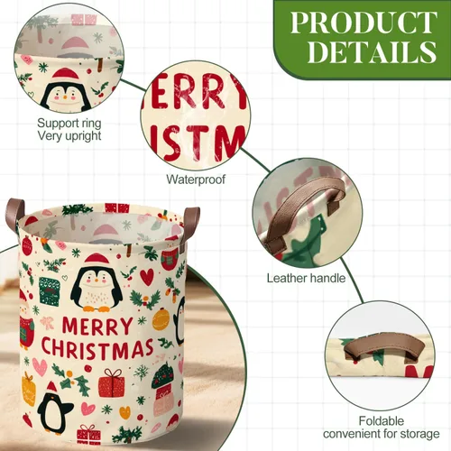 Miniatura 4 de Cesta de lavandería de 15.75 x 15.75 x 19.7 pulgadas, diseño de pingüino de Navidad, plegable, con asas, almacenamiento de ropa sucia
