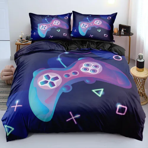 Miniatura 16 de Juego de funda de edredón de tamaño individual con estampado 3D de Gamepad azul para niños, fundas de edredón y fundas de almohada para dormitorio