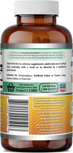 Miniatura 3 de Amazing Formulas Vitamina D3 con suplemento de aceite de coco 5000 UI por porción 180 cápsulas blandas Sin OMG Sin gluten Fabricado