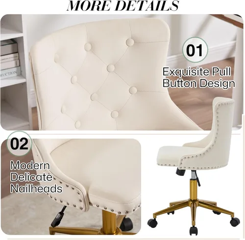 Miniatura 7 de Silla de escritorio de terciopelo sin brazos para oficina en casa, silla giratoria con altura ajustable, pequeña y linda silla de tocador para Beige