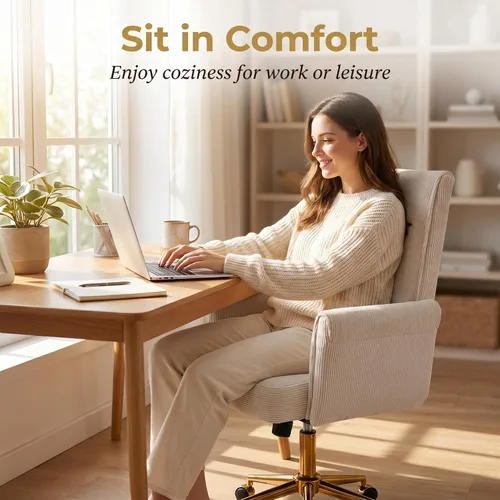 Miniatura 5 de ECHINGLE Silla de oficina ergonómica para computadora, silla de escritorio giratoria con respaldo medio con base dorada, altura ajustable para Crema