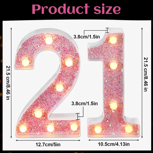 Miniatura 2 de Letrero decorativo con números 21 de marquesina con luz LED, decoración de mesa de cumpleaños, rosa brillante, 1 y 2, adecuado para cumpleaños