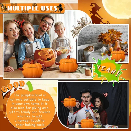 Miniatura 4 de Uiifan 2 cuencos de calabaza de cerámica para cocinar Acción de Gracias, cacerola de 17 onzas, plato de sopa naranja, lindo recipiente seguro
