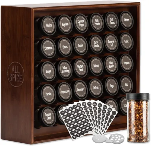 AllSpice Organizador de especieros, madera, 525 etiquetas únicas, para encimera o montaje en pared, incluye 30 frascos de 4 onzas - Tinte de nogal
