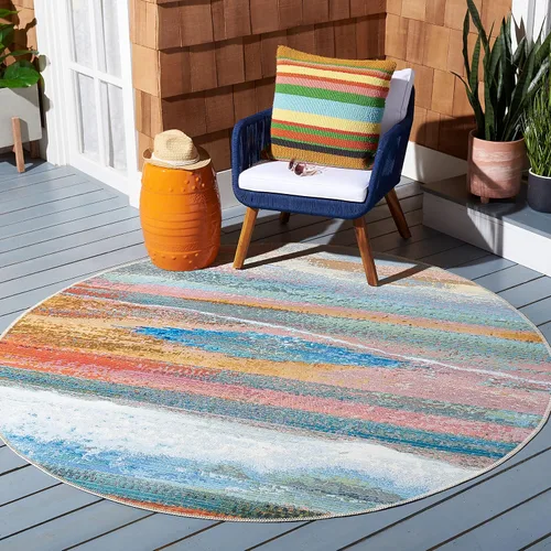 Miniatura 9 de SAFAVIEH Alfombra lavable para exteriores, colección Barbados, 8 x 10 pies 5 pulgadas, azul claro y rosa, no desprende pelusa y fácil de limpiar