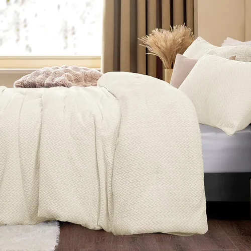 ChiXpace Juego de edredón de franela de forro polar tamaño individual, juego de cama de piel sintética con patrón de hojas beige peludas, juego de