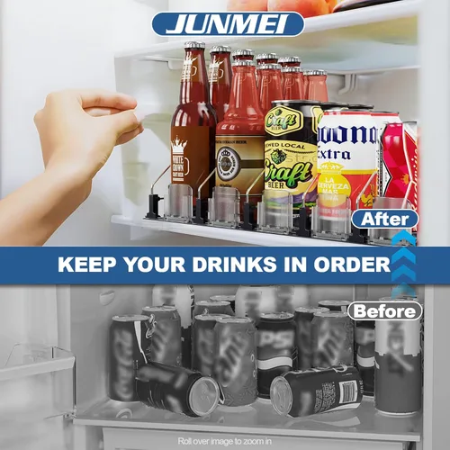 Miniatura 6 de Organizador de Bebidas para Refrigerador, 12oz 16oz 20oz - Dispensador de Latas de Refresco para Refrigerador, Ancho Ajustable, Deslizador Negro