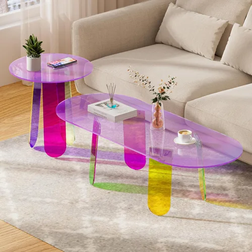 Miniatura 7 de Mesa auxiliar acrílica, mesa de centro iridiscente arcoíris con cubierta de mesa de PVC, muebles de acrílico transparente, mesita de noche redonda