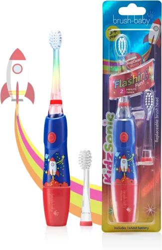 brush-baby - Cepillo de dientes eléctrico KidzSonic Rocket Kids para mayores de 3 años con luces LED de discoteca, vibraciones sónicas suaves,