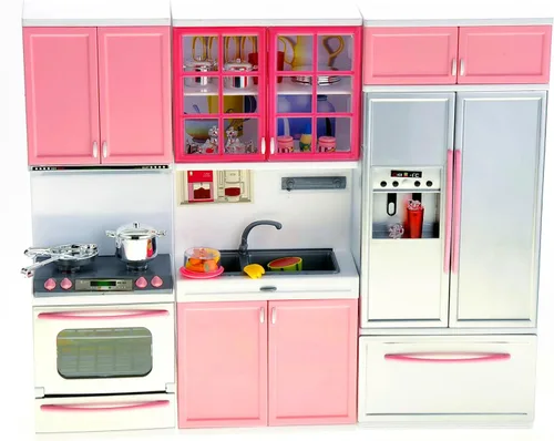 PowerTRC Juego de juguetes de cocina para muñecas, mini juguete moderno rosa, muebles de cocina, juego de accesorios con luz y sonido realistas para