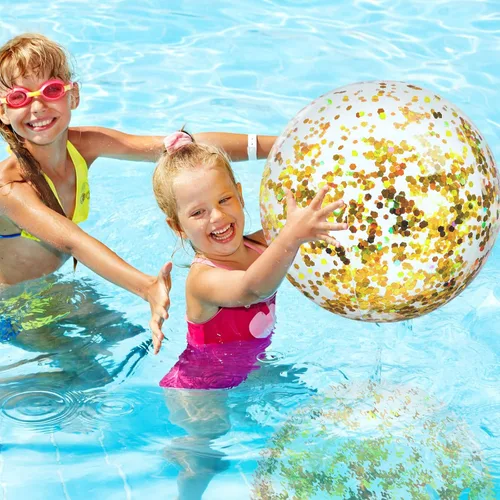 Miniatura 7 de Civaner 10 bolas inflables de playa con purpurina de 16 pulgadas, bola grande de confeti brillante para piscina, globo inflable transparente, Oro