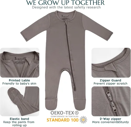 Miniatura 21 de Jimonda Pijama de bambú para bebé, unisex, para niños y niñas, de una pieza, manga larga, cierre de cremallera de 2 vías, mameluco