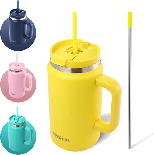 Miniatura 17 de FAHRMOSIS Vaso de 40 onzas con asa y pajita, taza aislada que cabe en el portavasos para bebidas frías y calientes, vaso a prueba de fugas