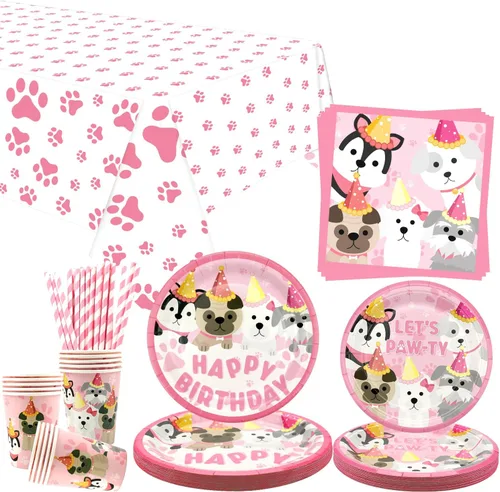 Decoraciones de fiesta de perro, suministros de vajilla de fiesta de cumpleaños con diseño de pata de cachorro rosa, incluye platos llanos de 9