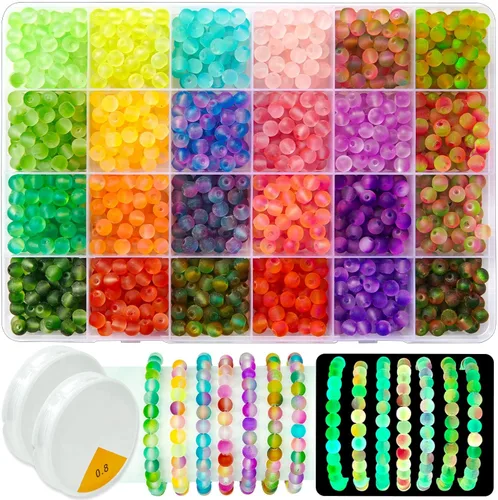 Miniatura 11 de Cuentas de vidrio que brillan en la oscuridad para hacer joyas, 600 cuentas de 0.315 pulgadas con 24 rejillas de piedras preciosas de cristal, 24