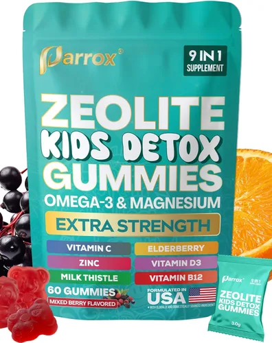 Zeolite Kids - Gomitas 9 en 1 con zeolita, omega-3, magnesio, saúco, vitamina C, cardo mariano, vitamina D3, zinc, B12, sin azúcar (60 gomitas -