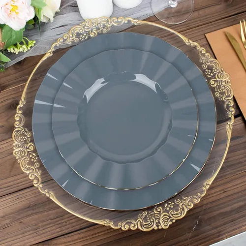 Miniatura 173 de Tableclothsfactory Paquete de 10 platos redondos de plástico negro de 6 pulgadas para ensalada de postre, platos desechables con borde ondulado