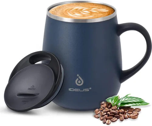 Miniatura 19 de Ideus Taza de café aislada de 16 onzas con asa y tapa, taza de café térmica al vacío de acero inoxidable de doble pared, taza de café de viaje