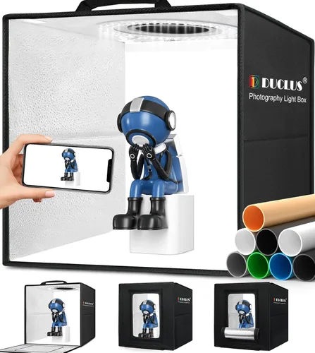 DUCLUS Fotografía de caja de luz, caja de cabina de fotos de 12 x 12 pulgadas con 120 luces LED regulables y CRI>95, caja de luz portátil con 8