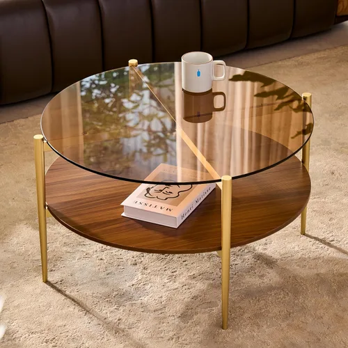 Shrine Mesa de café redonda de vidrio, diseño moderno de mediados de siglo, 30 x 17 pulgadas de diámetro x altura, estructura de 2 niveles, parte
