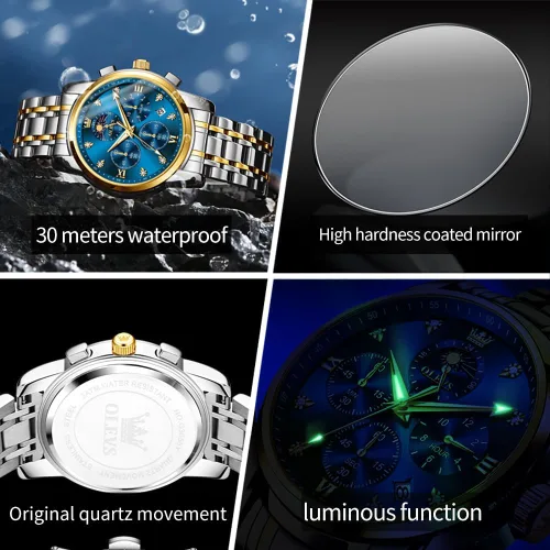 Miniatura 4 de OLEVS Watch for Men Diamond Business Dress Analog Quartz Stainless Steel Waterproof Luminous Date Two Tone Luxury Casual Wrist Watch Blue