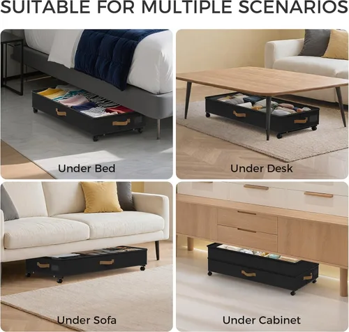 Miniatura 7 de Almacenamiento Debajo de la Cama con Ruedas Paquete de 4, 75L XXL Contenedores de Almacenamiento Debajo de la Cama Grandes, 30 cm de Alto negro