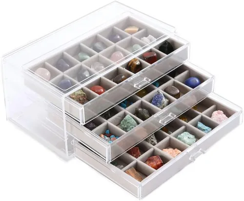 Estuche de exhibición de colección de rocas acrílico CLUQMEIK con 54 compartimentos de almacenamiento de rejilla Estuche de exhibición para