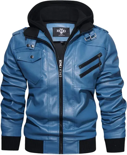 Miniatura 11 de Hood Crew - Chaqueta bomber para hombre, casual, con cuello alto, cazadora de moto, de piel sintética de poliuretano, con cremallera y capucha Marrón
