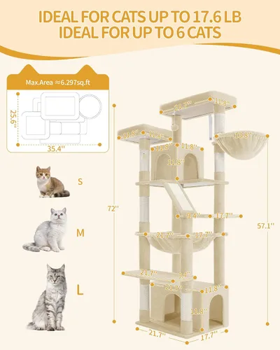 Miniatura 2 de Hzuaneri Árbol grande para gatos, torre para gatos de interior de 72 pulgadas de alto para 6 gatos grandes, actividad de escalada de esquina