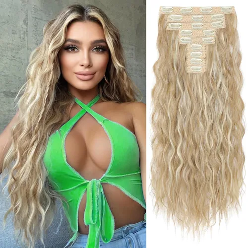 Miniatura 18 de REECHO Extensiones de cabello con clip, 5 piezas, de 24 pulgadas, de color rubio ceniza, extensiones de cabello con ondas largas y sueltas, HE002