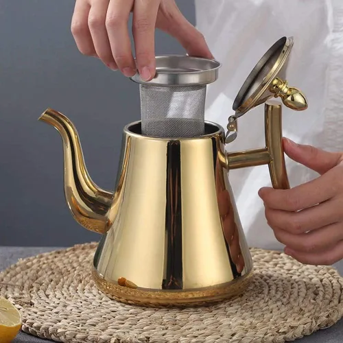 Miniatura 3 de HOKY Hervidor de agua de acero inoxidable 1L1.5L, tetera más gruesa con filtro, tetera de hotel, cafetera de inducción, hervidor de té dorado