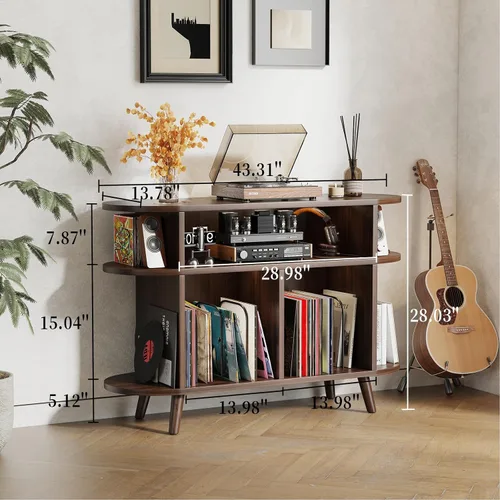 Miniatura 6 de LIVEHOM Soporte redondo grande para tocadiscos, armario de almacenamiento de discos de madera, soporte para discos de vinilo con área