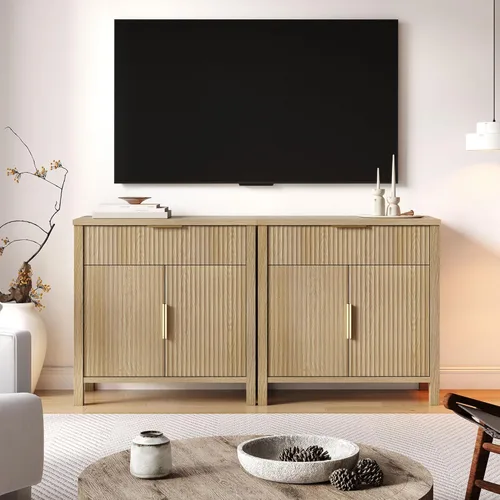 Miniatura 7 de Aparador acanalado de 55 pulgadas con cajones, gran almacenamiento para bufé, 4 puertas y 2 cajones, mesa de consola de café, para comedor, cocina
