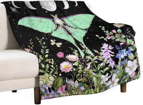 Miniatura 32 de Manta gótica de franela de polilla abstracta, mágica, bohemia, mariposa, esqueleto, luna, estrellas, manta estética para hombres, mujeres, niñas