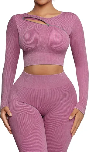 Conjuntos de entrenamiento para mujer, 2 piezas, manga larga, trajes de yoga, gimnasio, sin costuras, acanalados, cintura alta, leggings