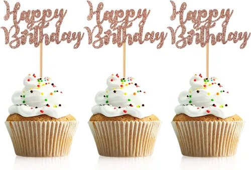 Miniatura 7 de 48 piezas de decoración para cupcakes de feliz cumpleaños, color negro, con purpurina, suministros de decoración de fiesta de cumpleaños