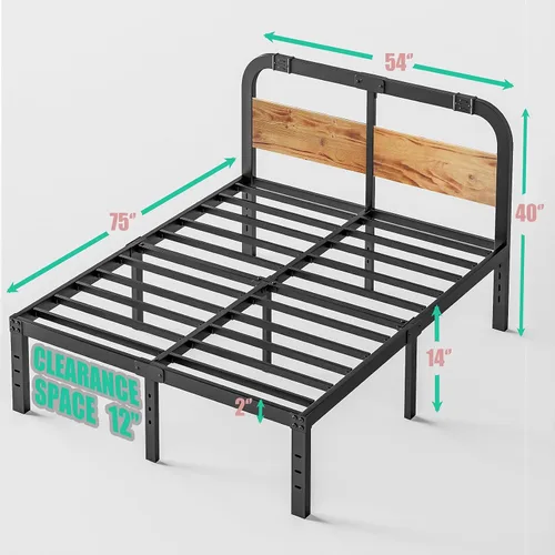 Miniatura 2 de ZIYOO Base de cama de metal de tamaño matrimonial con cabecera de madera maciza, plataforma de cama de estilo rústico, soporte de listones de acero