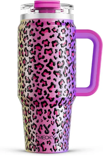 Miniatura 10 de Meoky Vaso de 40 onzas con asa y pajita, vaso aislado con tapa y popote, taza de viaje de acero inoxidable, mantiene el frío durante 34 horas, 100%