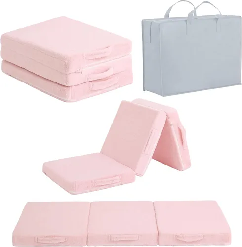 Miniatura 20 de Colchón plegable para niños, lavable para niños pequeños, tapete triple plegable para siesta para dormir, guardería, sofá cama con bolsa