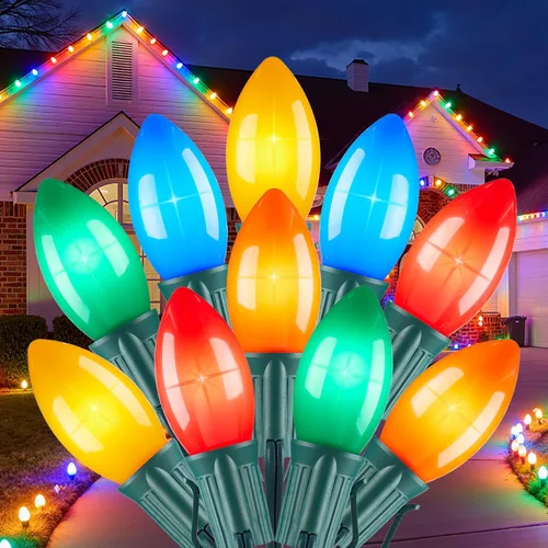 Brightown C9 luces LED de Navidad para exterior, 7.62 m 7.62 luces de cadena multicolores conectables C9 para árbol de Navidad, patio, tejado,